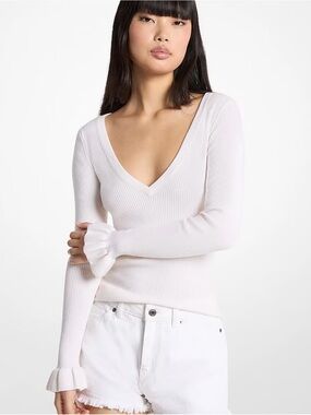 Michael Kors Cream Ribbed Sweater with Gold Logo Plaque